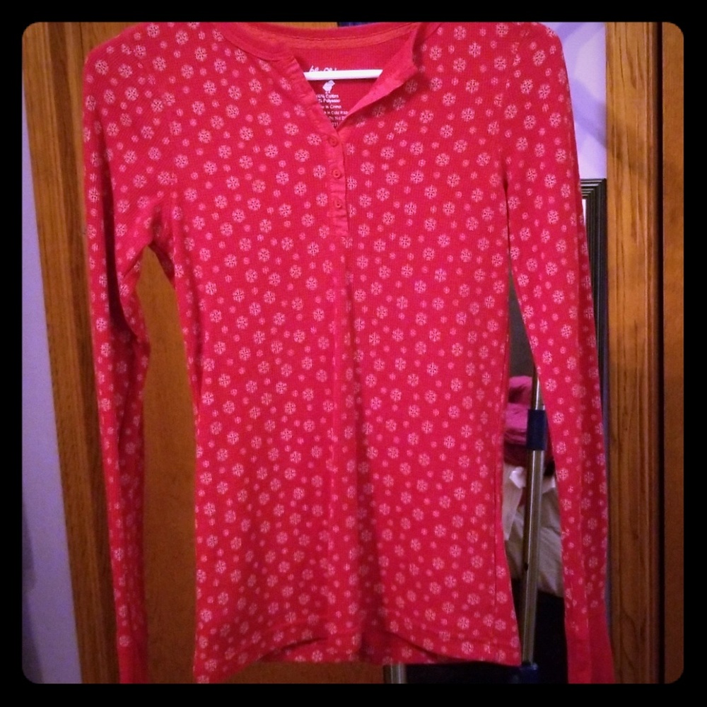 Red Long Sleeve Shirt with White Snowflakes